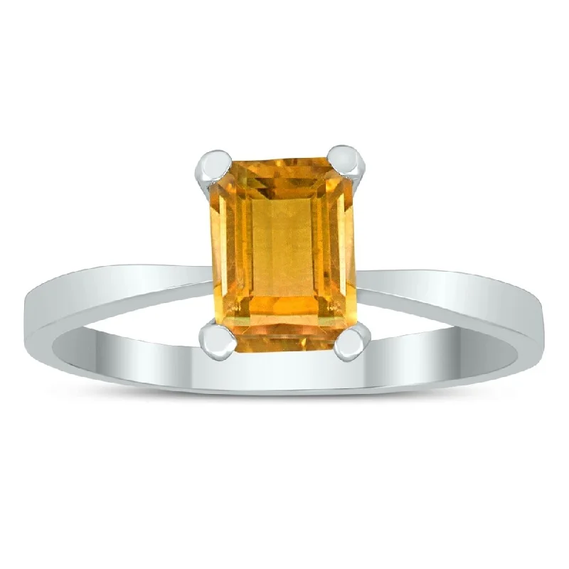 Sculpted gemstone rings with carved stone bands -Emerald Shaped 7X5MM Citrine Solitaire Ring in 10K White Gold