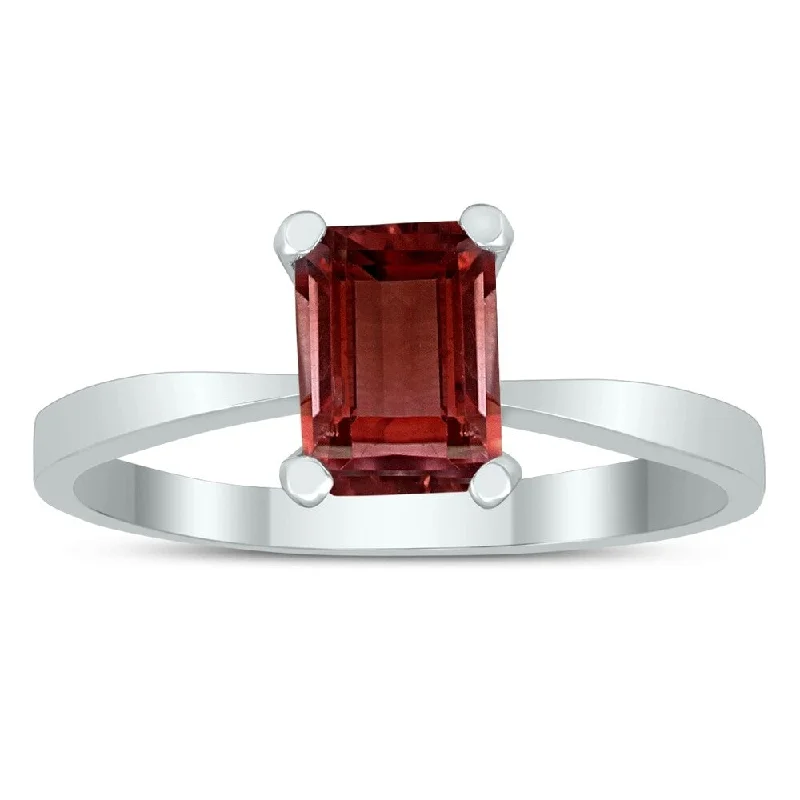 Custom gemstone rings with handpicked stone designs -Emerald Shaped 7X5MM Garnet Solitaire Ring in 10K White Gold