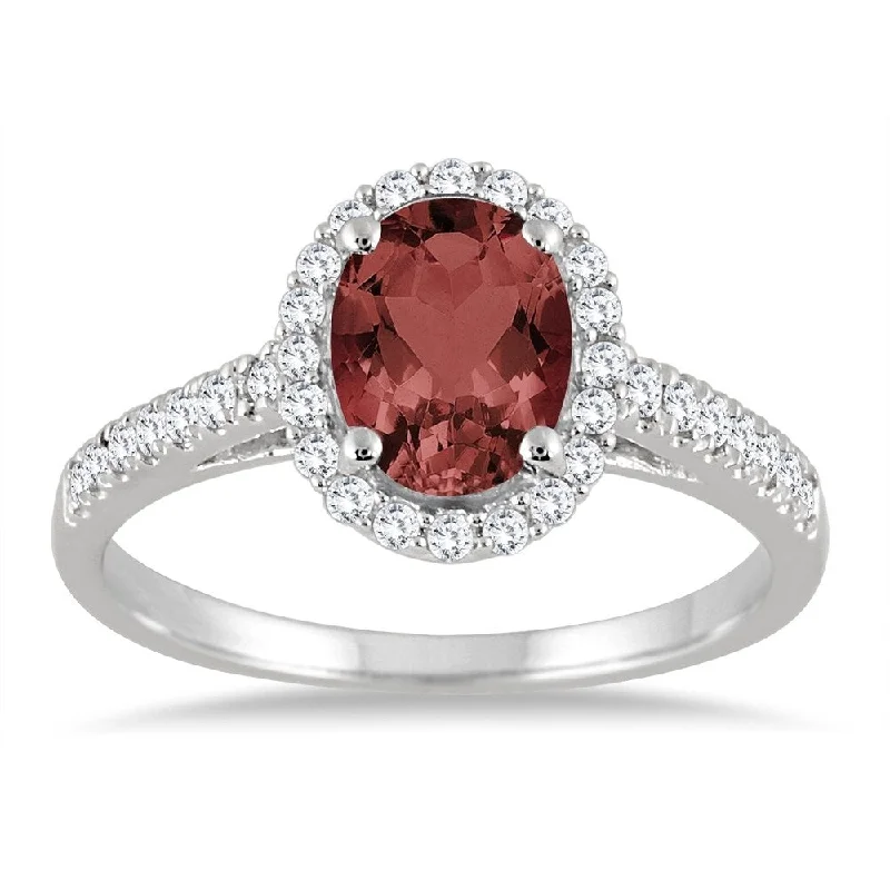 Heart gemstone rings with stone shapes for love -Garnet and Diamond Halo Ring in 10K White Gold