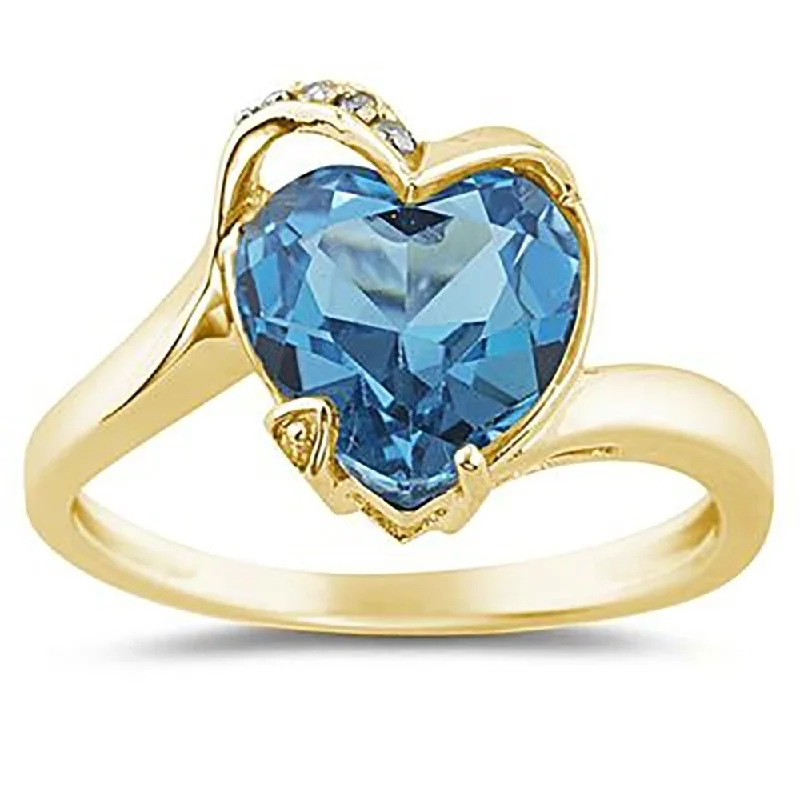 Wrapped gemstone rings with wire for boho charm -Heart Shaped Blue Topaz and Diamond Curve Ring in 14K Yellow Gold