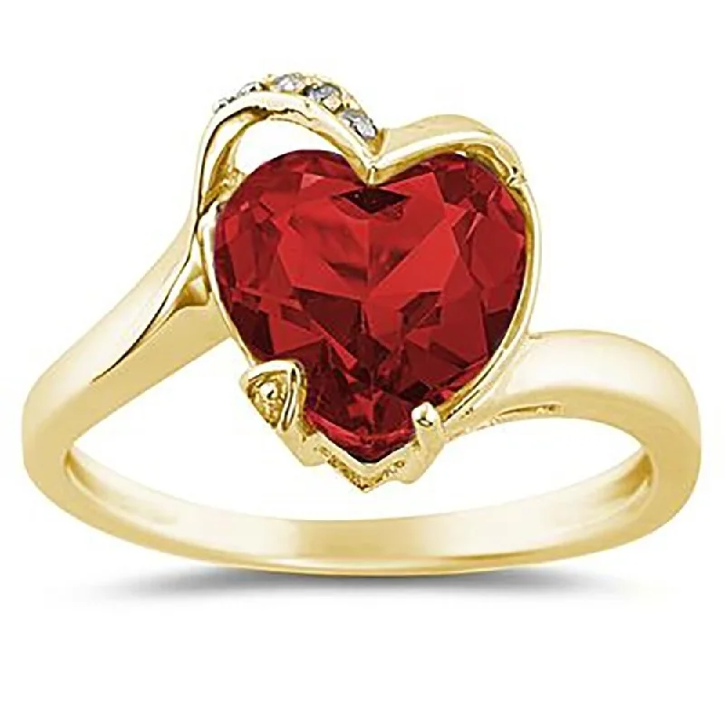 Gemstone rings with slim bands for light wear -Heart Shaped Garnet and Diamond Curve Ring in 14K Yellow Gold