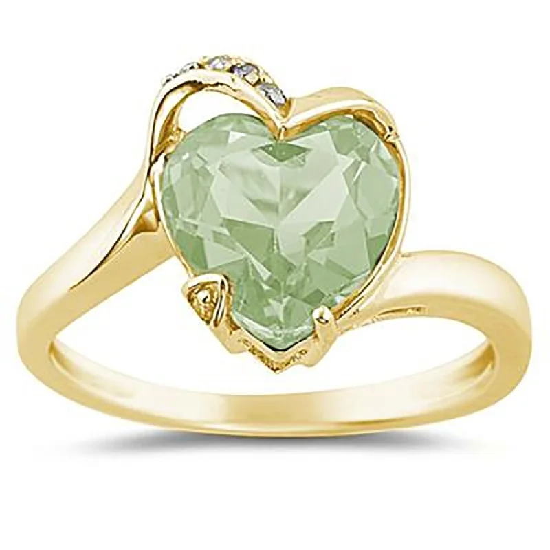 Vibrant gemstone rings perfect for colorful finger flair -Heart Shaped Green Amethyst and Diamond Curve Ring in 14K Yellow Gold