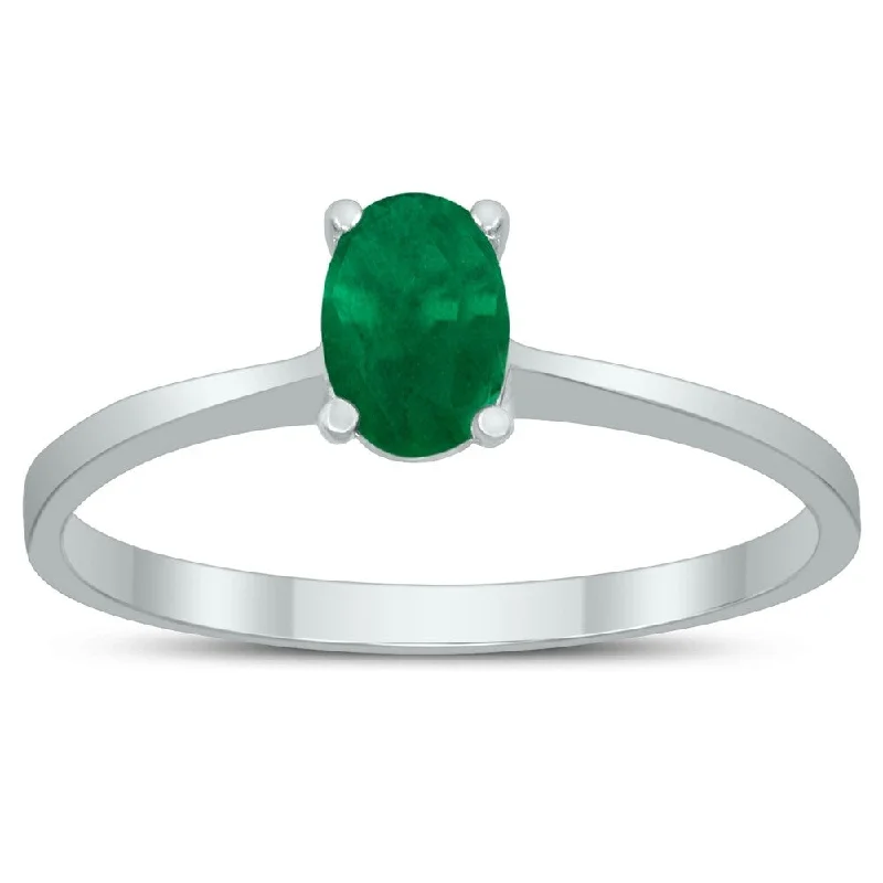 Gemstone rings perfect for kids with bright stones -Oval Solitaire 6X4MM Emerald Ring in 10K White Gold