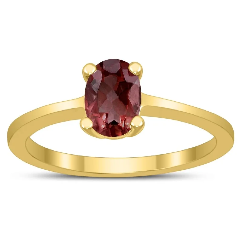 Gemstone rings with white gold for sleek shine -Oval Solitaire 7X5MM Garnet Ring in 10K Yellow Gold