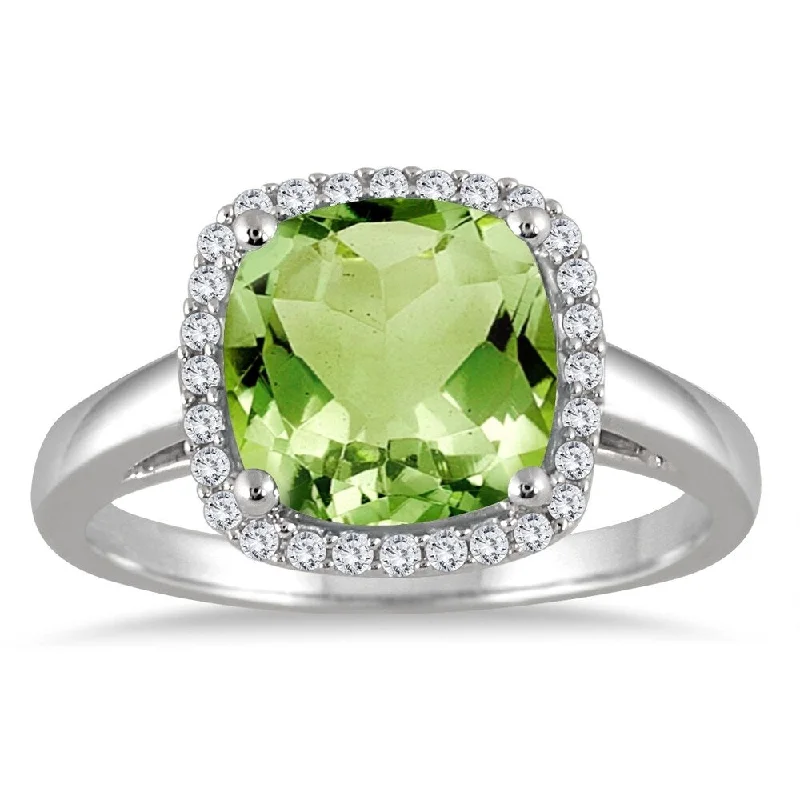 Matte gemstone rings with smooth stone finish -Peridot and Diamond Halo Ring in 10K White Gold