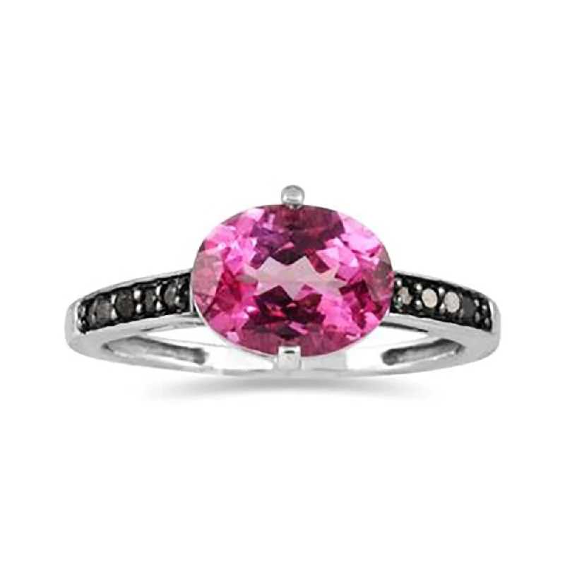 Stackable gemstone rings designed for finger layering -Pink Topaz and Black Diamond Ring in 10K White Gold