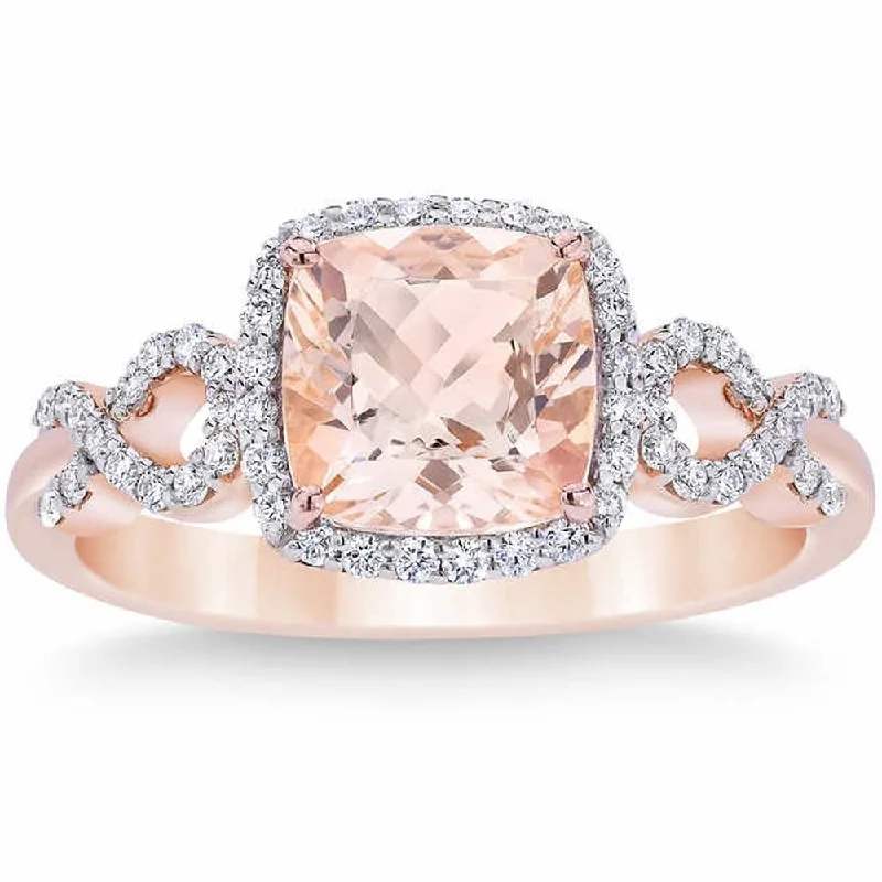 Gemstone rings crafted with ethical stone sourcing -Pompeii3 10k Rose Gold 2 1/2 Ct Morganite Cushion Halo Diamond Ring