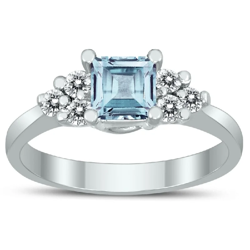 Sharp gemstone rings with modern stone elegance -Princess Cut 5X5MM Aquamarine and Diamond Duchess Ring in 10K White Gold