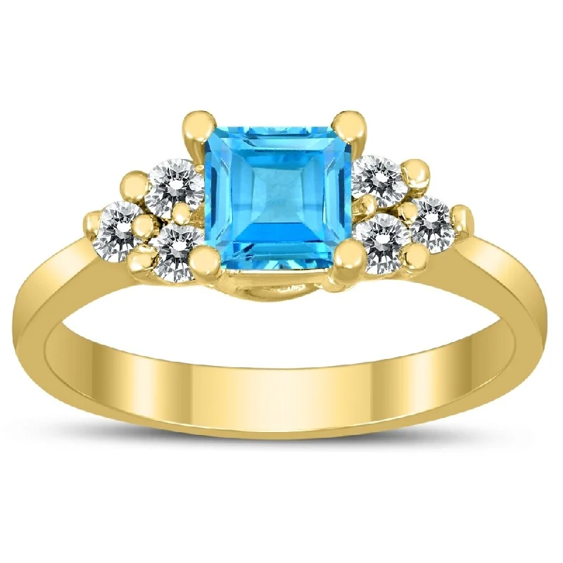 Luxurious gemstone rings showcasing brilliant large stones -Princess Cut 5X5MM Blue Topaz and Diamond Duchess Ring in 10K Yellow Gold