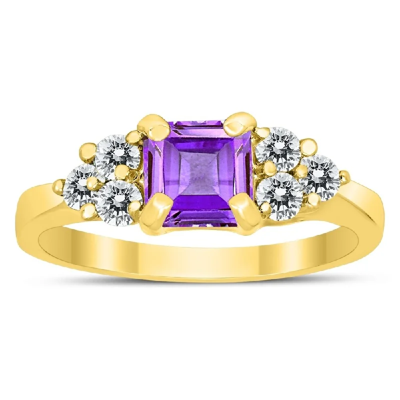 Gemstone rings with white gold for sleek shine -Princess Cut 6X6MM Amethyst and Diamond Duchess Ring in 10K Yellow Gold