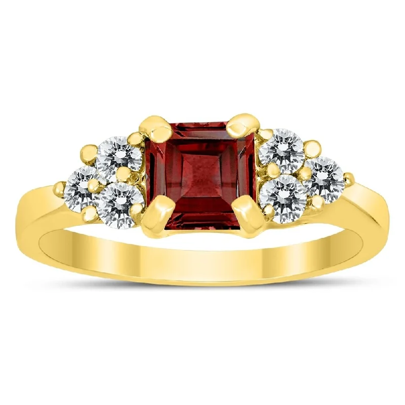 Geometric gemstone rings with sharp stone designs -Princess Cut 6X6MM Garnet and Diamond Duchess Ring in 10K Yellow Gold