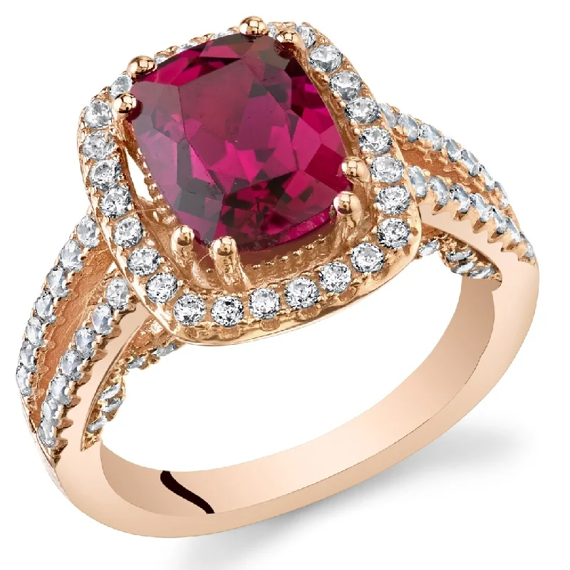 Rainbow gemstone rings with colorful stone arrays -Rose Tone Sterling Silver 2.75 ct Created Ruby Halo Ring