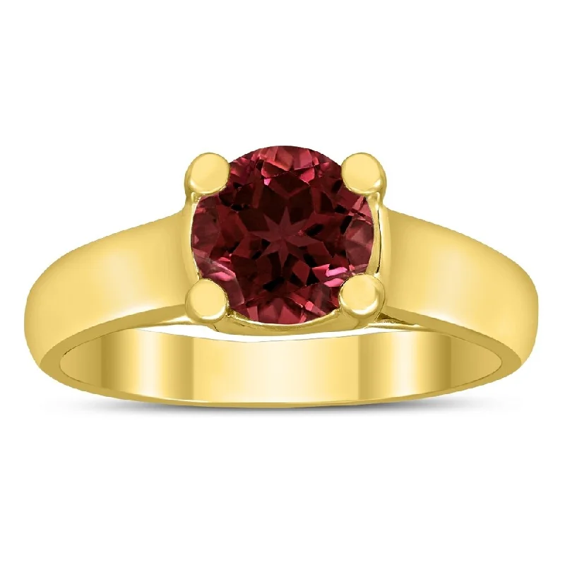 Thin gemstone rings for stackable finger looks -Round 7MM Garnet Cathedral Solitaire Ring in 10K Yellow Gold