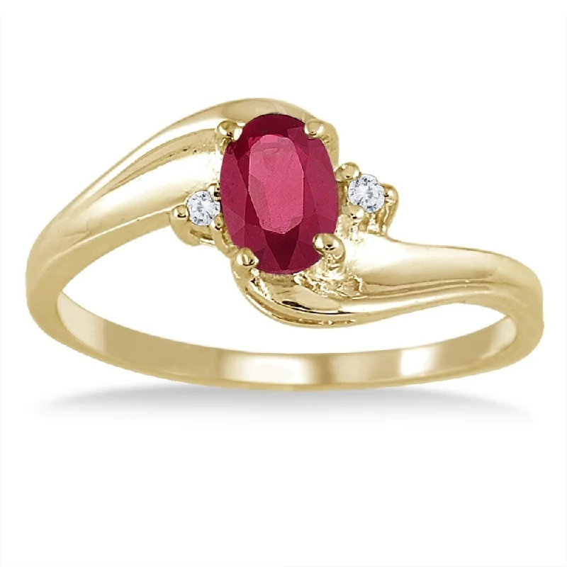 Rustic gemstone rings with hammered stone bands -Ruby Gemstone and Diamond Wave Ring 14k Yellow Gold