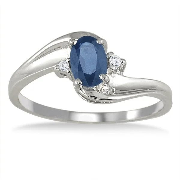 Twisted gemstone rings with artistic stone bands -Sapphire Gemstone and Diamond Wave Ring 14k White Gold