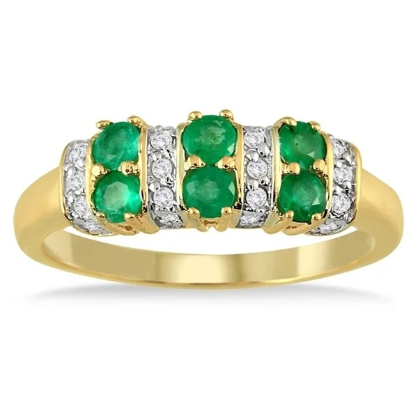 Custom gemstone rings with handpicked stone designs -Six Stone Emerald and Diamond Ring 14k Yellow Gold