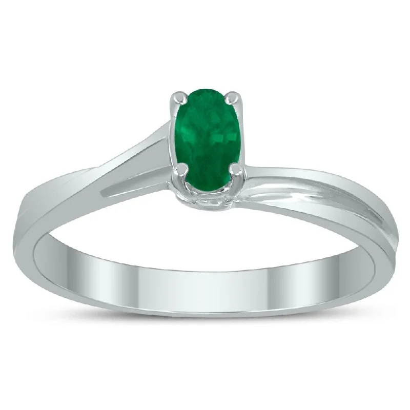 Fringe gemstone rings with stone drops for play -Solitaire Oval 5X3MM Emerald Gemstone Twist Ring in 10K White Gold