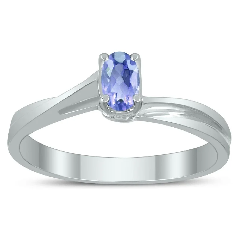 Gemstone rings featuring sunstone for fiery stone shine -Solitaire Oval 5X3MM Tanzanite Gemstone Twist Ring in 10K White Gold