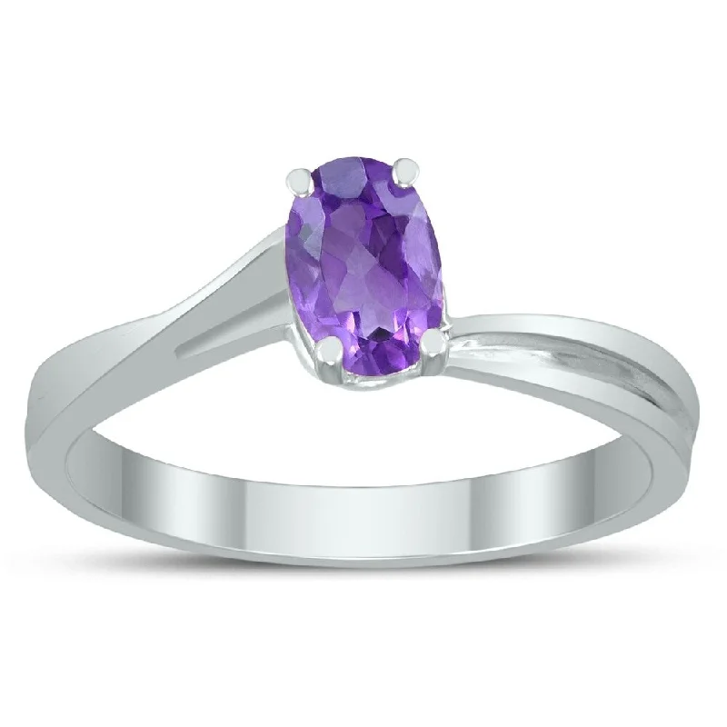 Gemstone rings featuring rose-cut stones for softness -Solitaire Oval 6X4MM Amethyst Gemstone Twist Ring in 10K White Gold