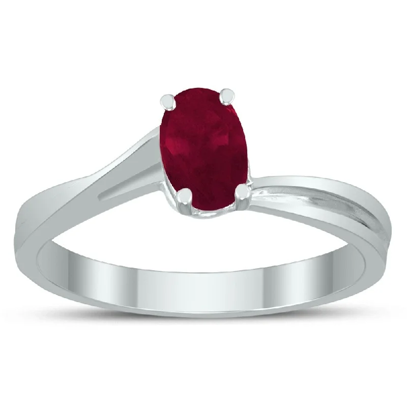 Tribal gemstone rings with cultural stone designs -Solitaire Oval 6X4MM Ruby Gemstone Twist Ring in 10K White Gold