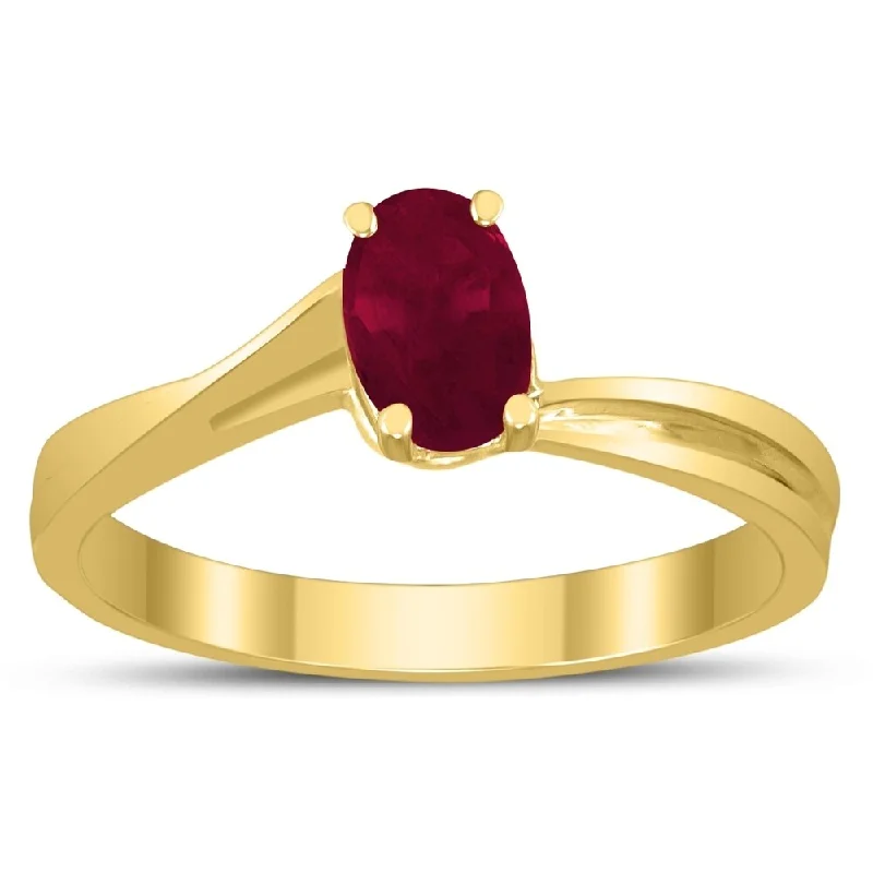 Rustic gemstone rings with hammered stone bands -Solitaire Oval 6X4MM Ruby Gemstone Twist Ring in 10K Yellow Gold