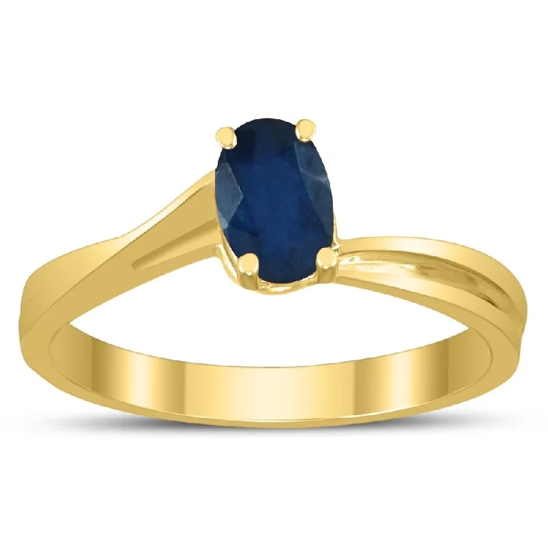 Gemstone rings featuring kyanite for rare blue tones -Solitaire Oval 6X4MM Sapphire Gemstone Twist Ring in 10K Yellow Gold