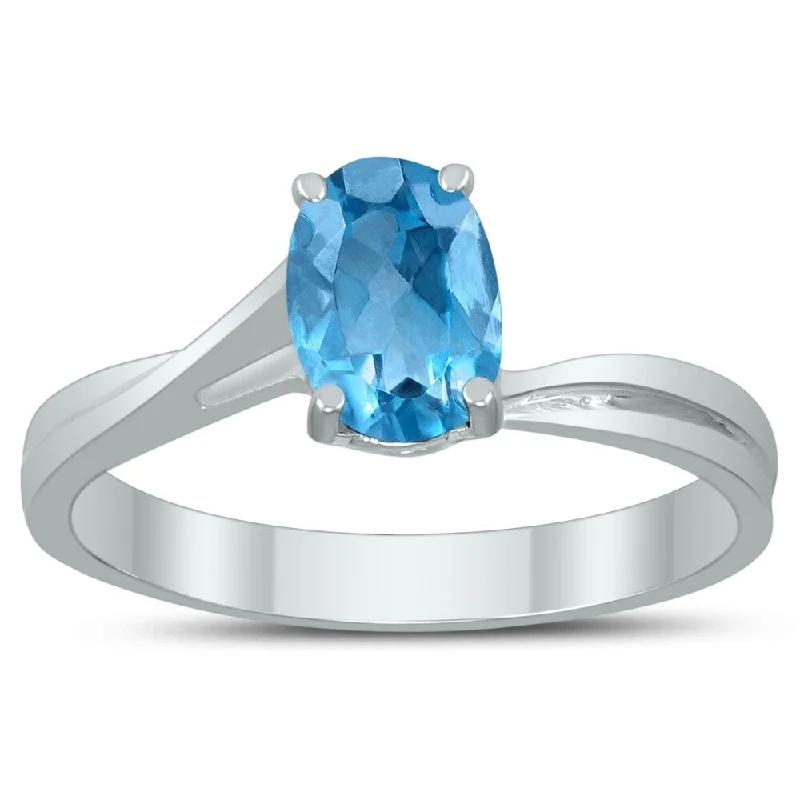 Gemstone rings perfect for stacking with others -Solitaire Oval 7X5MM Blue Topaz Gemstone Twist Ring in 10K White Gold