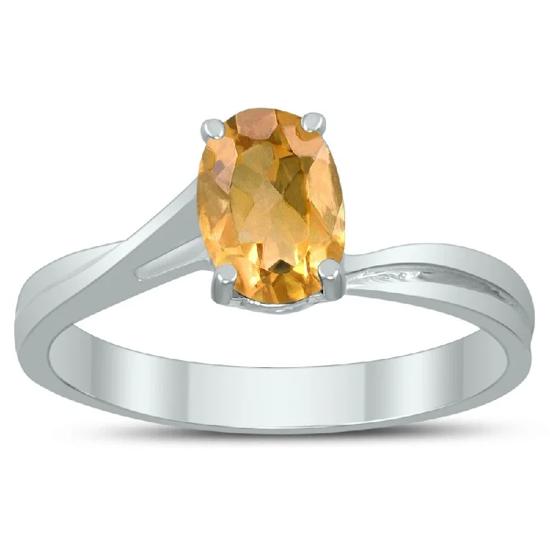 Raw gemstone rings with natural stone textures -Solitaire Oval 7X5MM Citrine Gemstone Twist Ring in 10K White Gold