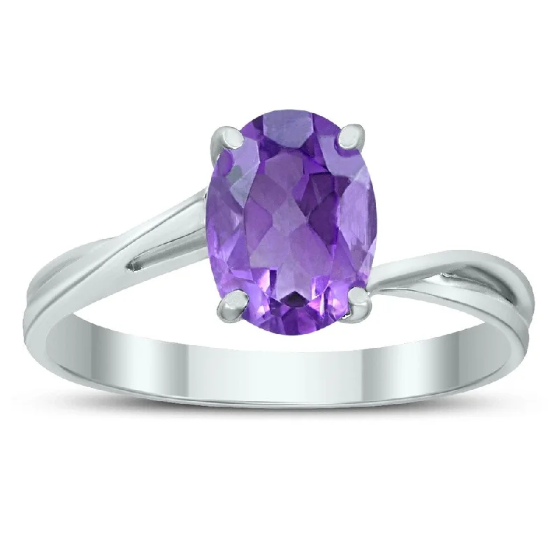 Open gemstone rings with airy stone designs -Solitaire Oval 8X6MM Amethyst Gemstone Twist Ring in 10K White Gold