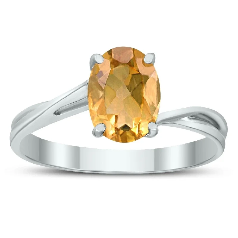 Gemstone rings made with recycled eco materials -Solitaire Oval 8X6MM Citrine Gemstone Twist Ring in 10K White Gold