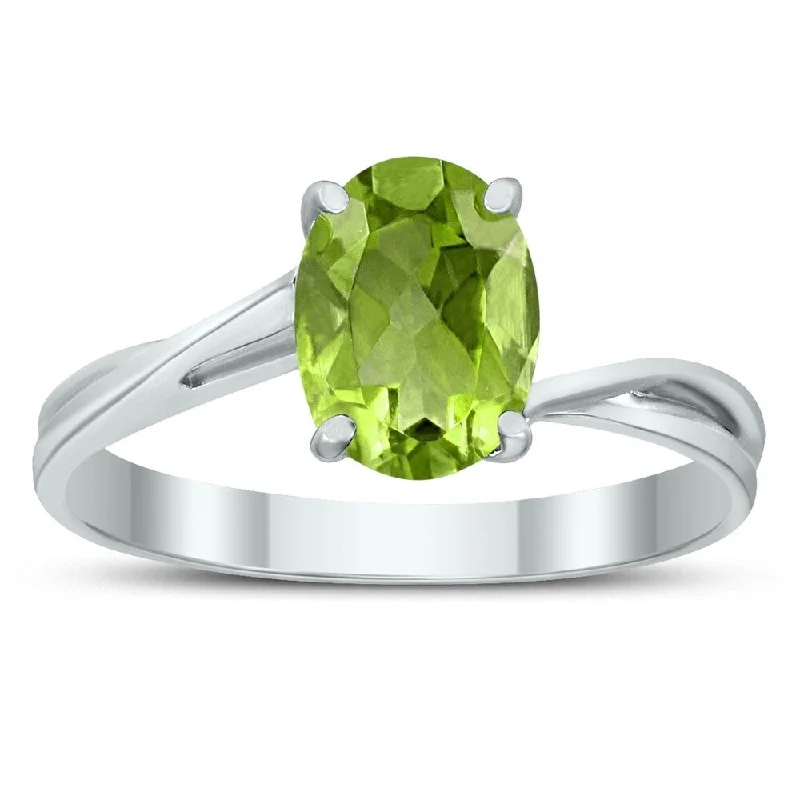 Gemstone rings perfect for stacking with others -Solitaire Oval 8X6MM Peridot Gemstone Twist Ring in 10K White Gold