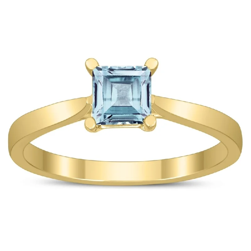 Vermeil gemstone rings with gold stone luxe -Square Princess Cut 5MM Aquamarine Solitaire Ring in 10K Yellow Gold