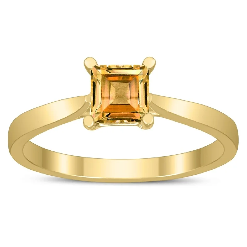 Etched gemstone rings with detailed stone flair -Square Princess Cut 5MM Citrine Solitaire Ring in 10K Yellow Gold