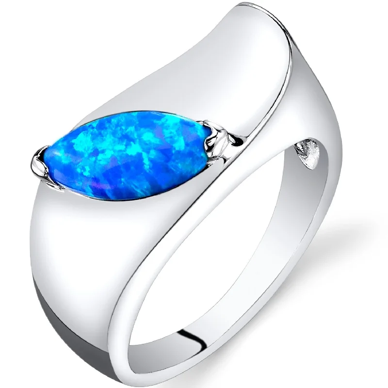 Curved gemstone rings perfect for band pairing -Sterling Silver 0.75 ct Blue Opal Ring