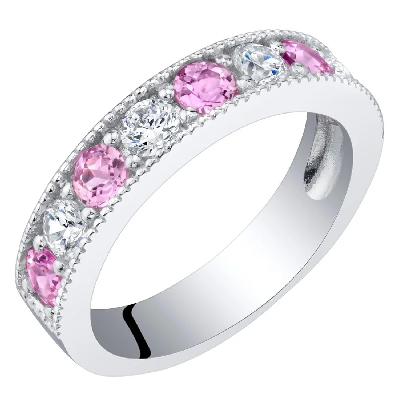 Stackable gemstone rings designed for finger layering -Sterling Silver 0.75 ct Created Pink Sapphire Stackable Ring