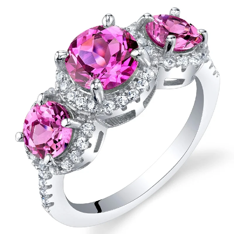 Gemstone rings featuring aquamarine for cool blue tones -Sterling Silver 2.75 ct Created Pink Sapphire Halo Ring