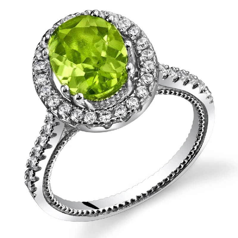 Drop gemstone rings with long stone elegance -Sterling Silver 2 ct Peridot Halo Ring