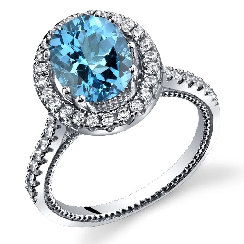 Gemstone rings with retro stone settings charm -Sterling Silver 2 ct Swiss Blue Topaz Halo Ring