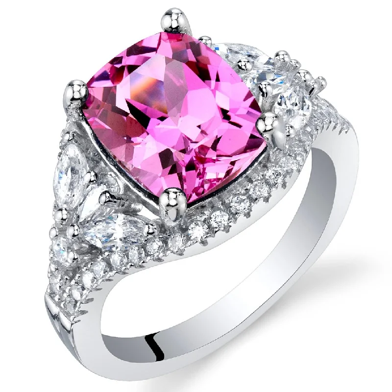 Gemstone rings featuring agate for banded stone beauty -Sterling Silver 4 ct Created Pink Sapphire Birthstone Ring