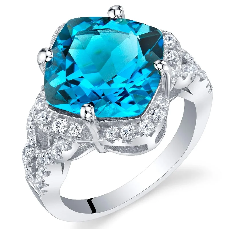 Glam gemstone rings perfect for evening sparkle -Sterling Silver 6 ct Swiss Blue Topaz Halo Ring