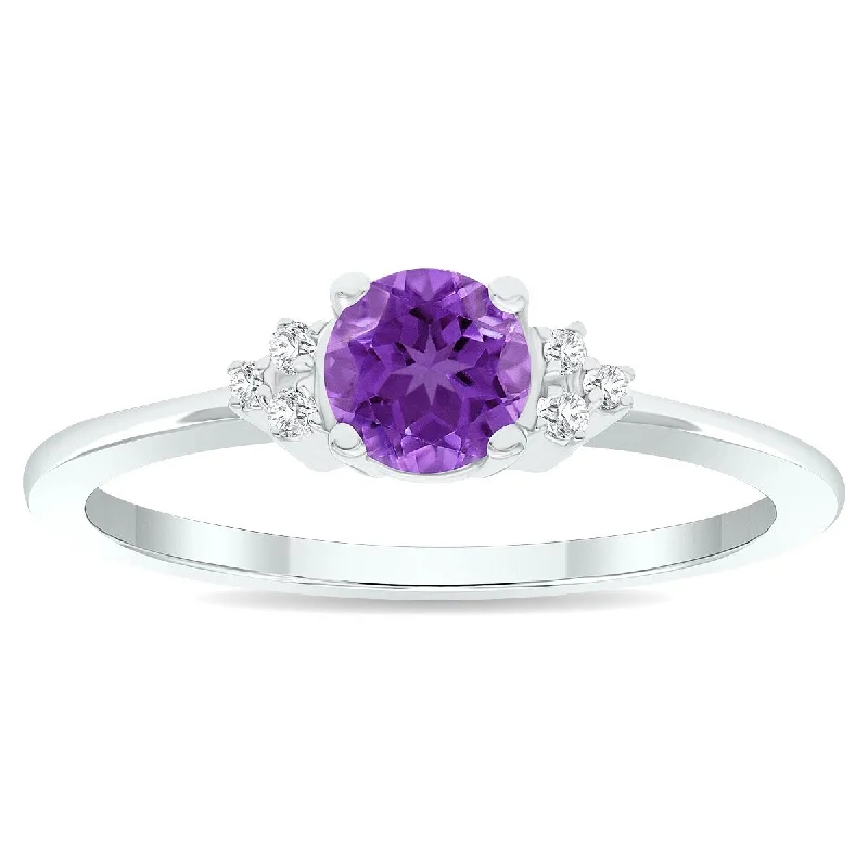 Brushed gemstone rings with gritty stone texture -Women's Amethyst and Diamond Half Moon Ring in 10K White Gold