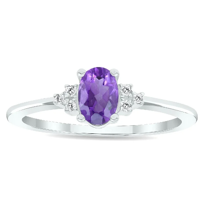 Gemstone rings featuring agate for banded stone beauty -Women's Amethyst and Diamond Half Moon Ring in 10K White Gold