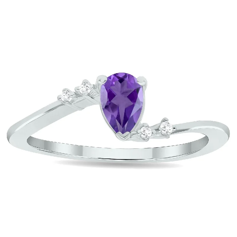 Wrapped gemstone rings with wire for boho charm -Women's Amethyst and Diamond Wave Ring in 10K White Gold