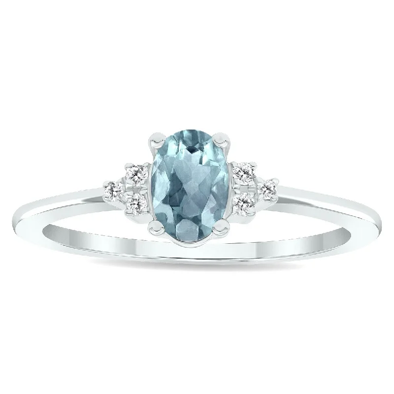 Gemstone rings featuring hematite for dark stone shine -Women's Aquamarine and Diamond Half Moon Ring in 10K White Gold