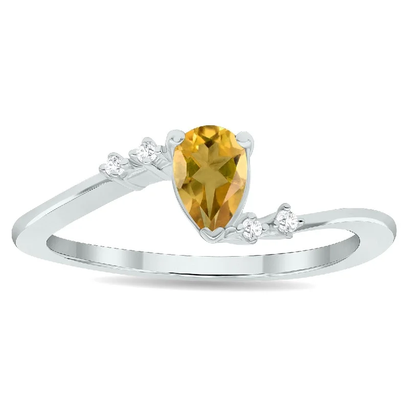 Gemstone rings with retro stone settings charm -Women's Citrine and Diamond Wave Ring in 10K White Gold