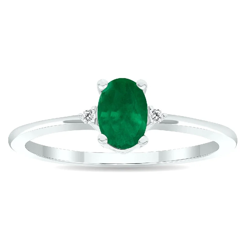 Heart gemstone rings with stone shapes for love -Women's Emerald and Diamond Classic Band in 10K White Gold