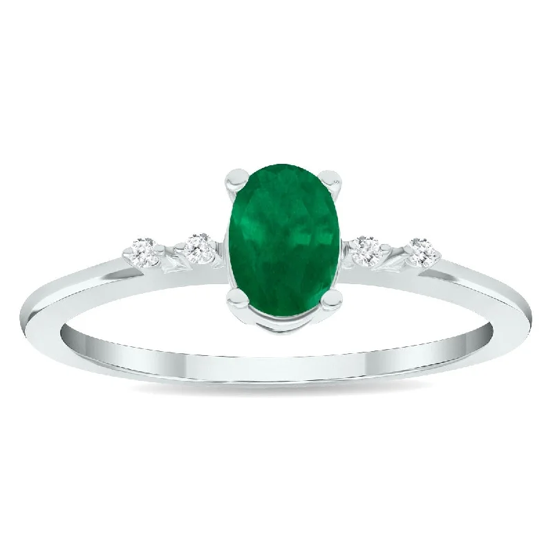 Gemstone rings inspired by stars with stone sparkle -Women's Emerald and Diamond Sparkle Ring in 10K White Gold