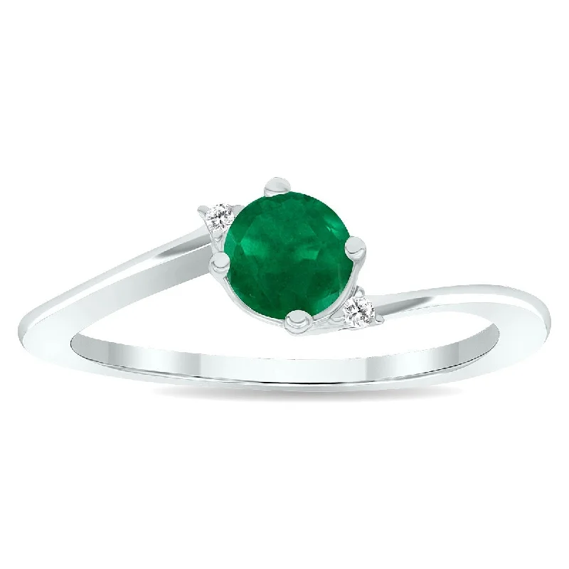 Gemstone rings featuring black diamonds for dark flair -Women's Emerald and Diamond Wave Ring in 10K White Gold