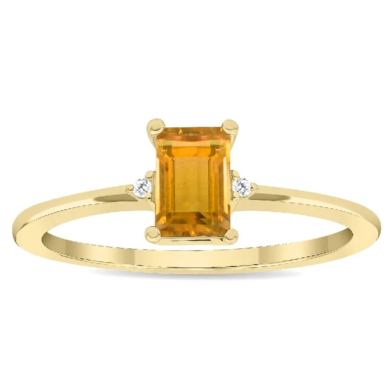 Gemstone rings featuring sunstone for fiery stone shine -Women's Emerald Cut Citrine and Diamond Classic Band in 10K Yellow Gold