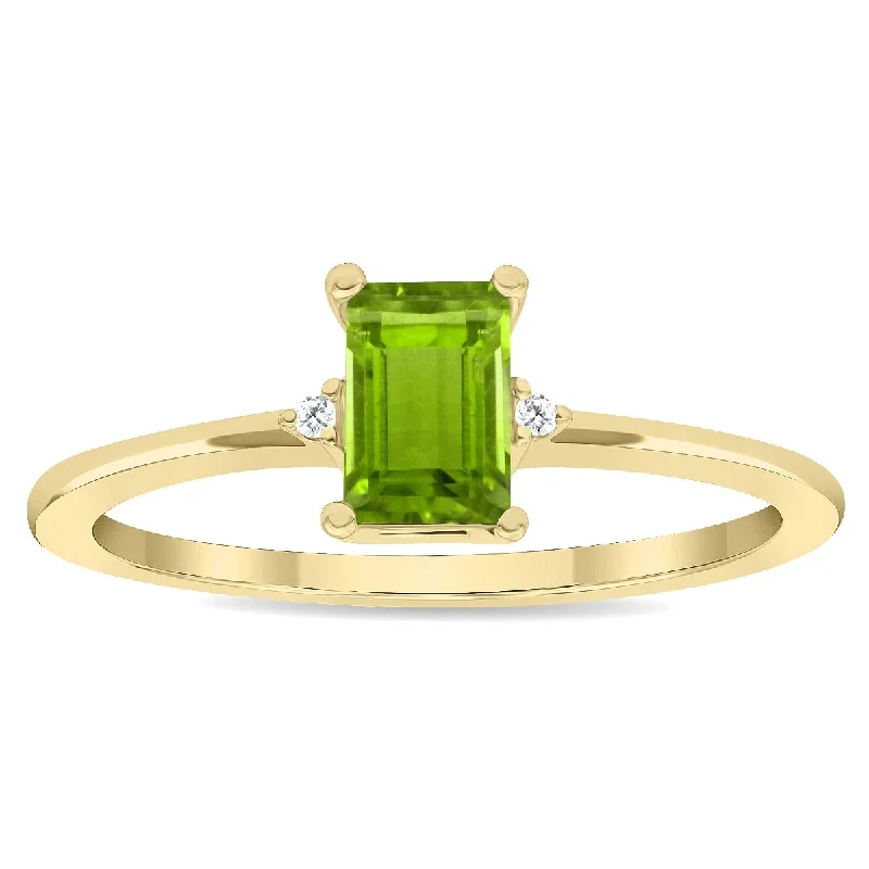 Gemstone rings perfect for casual finger wear -Women's Emerald Cut Peridot and Diamond Classic Band in 10K Yellow Gold